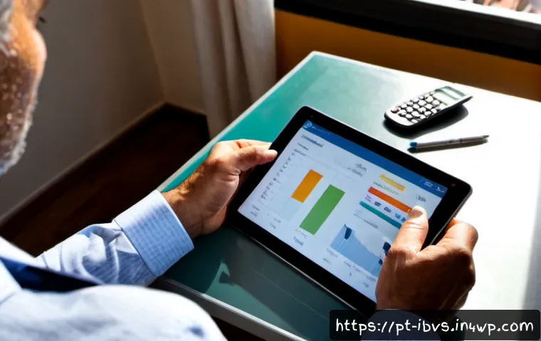 Home 17 리스크 관리 투자 도구 소개 - Photorealistic financial risk management workspace in Portugal, middle-aged investor reviewing a div...